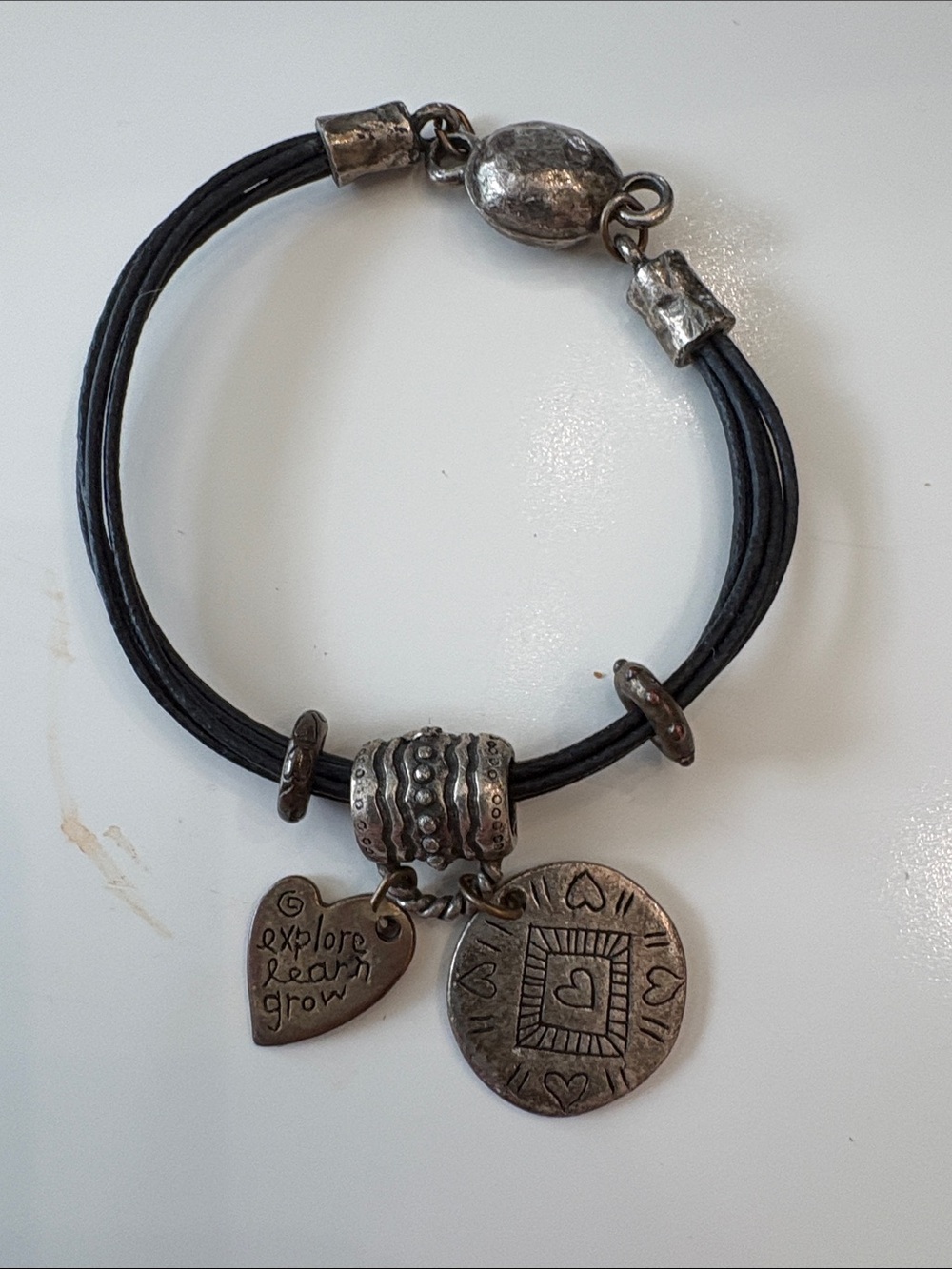 Vintage Boho Black Cord Multi-Strand Charm Bracelet - “Explore Learn Grow" Charm